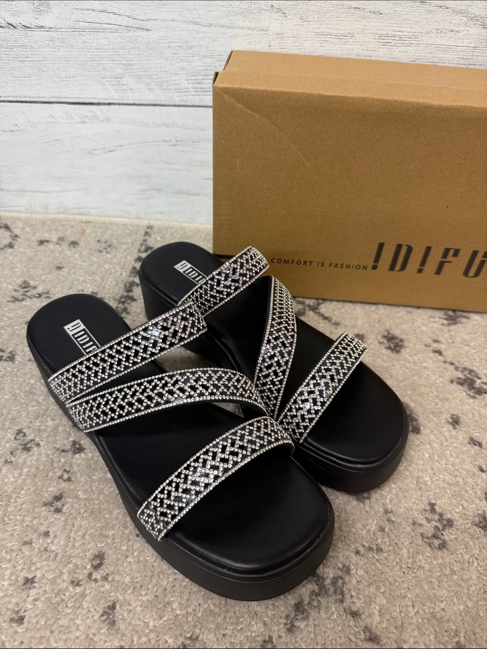 NWT IDIFU Black Gem-Embellished Slide Sandals